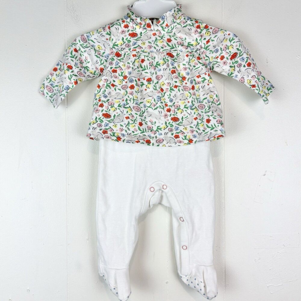 Baby Boden Newborn Floral Bunny Long Sleeve One Piece Girls Outfit Footed Pants